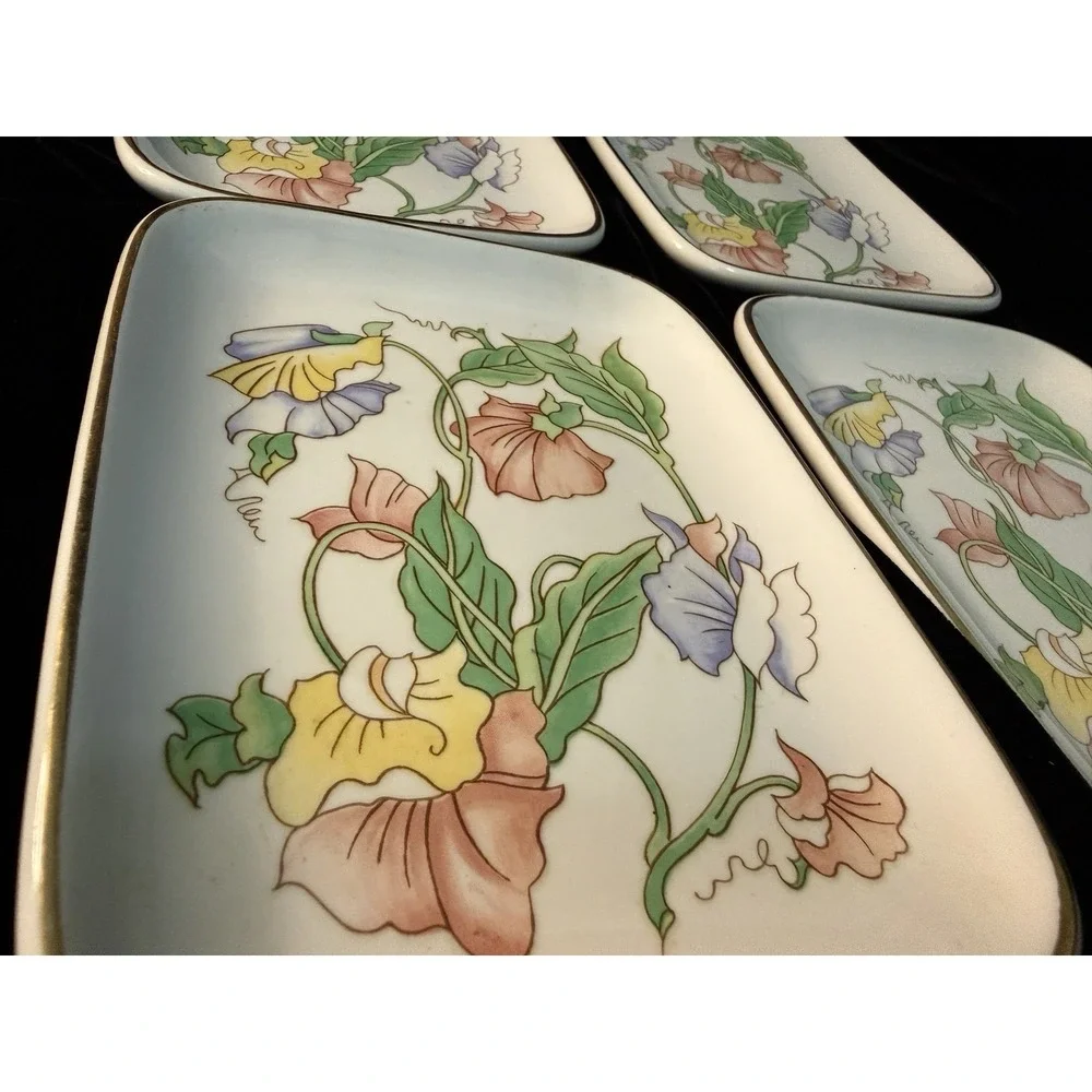 VTG Ben Rickert Porcelain Flowers Floral Tray Trinket Dish Signed Japan Set Of 4